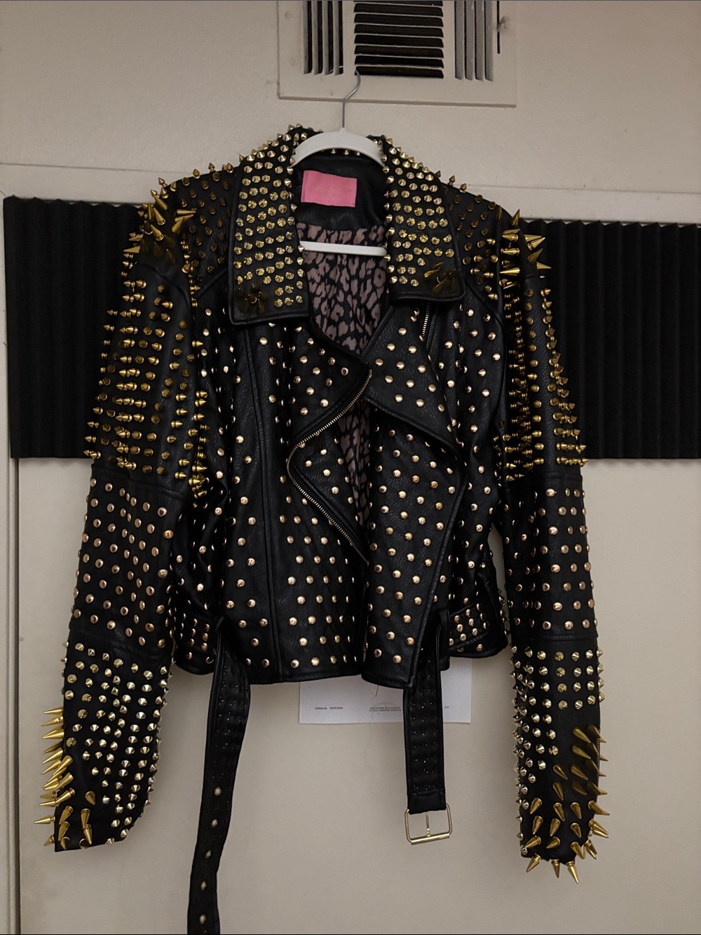 Studded Black Leather Moto Jacket with Gold Spikes